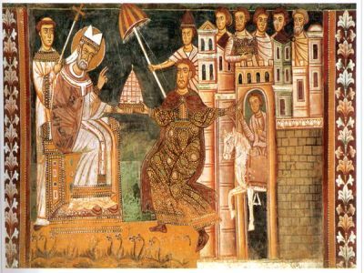 Средневековая фреска, изображающая императора Константина во время церемонии дарения в римской церкви Санти-Кватро Коронати